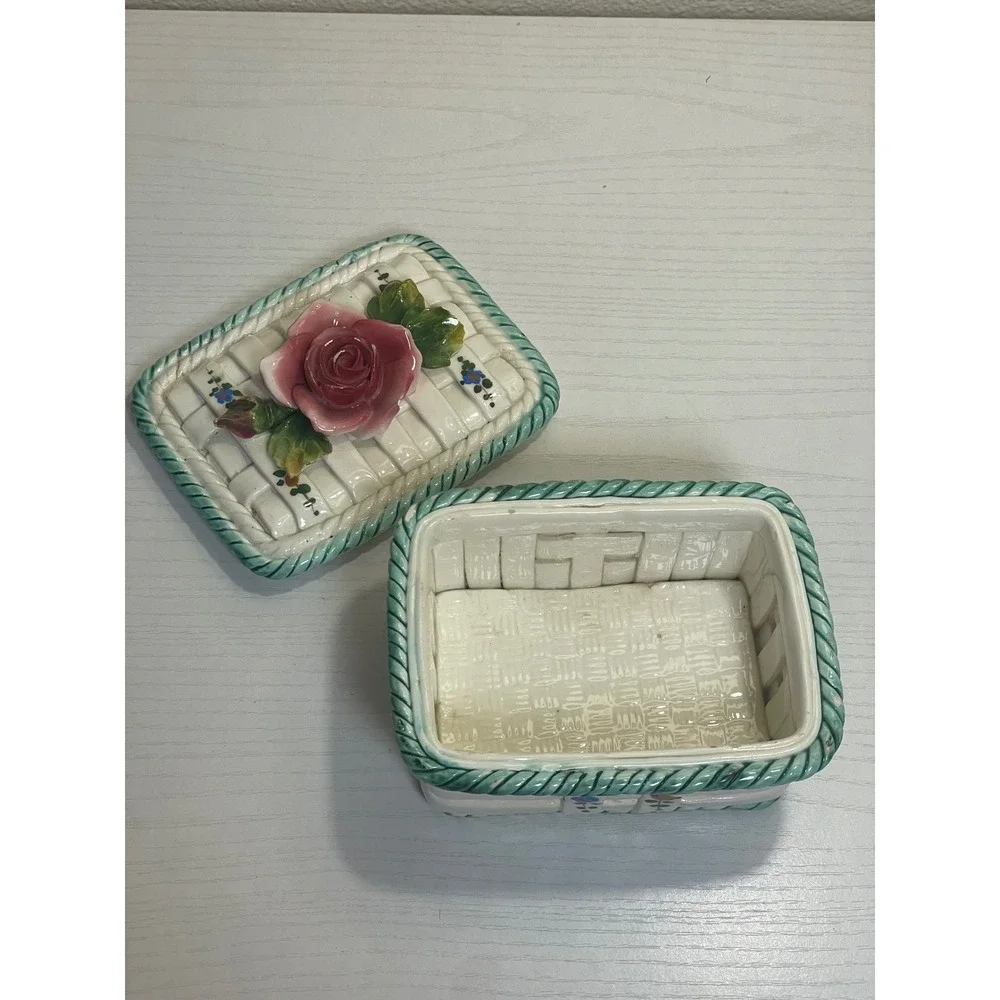 Vintage Italy Ceramic Rose Basket‎ Trinket Box Hand Painted Cottagecore Decor